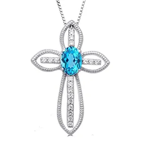 Jewelili Sterling Silver With Oval Blue Topaz And Created White Sapphire Cross Pendant Necklace, 18" Box Chain