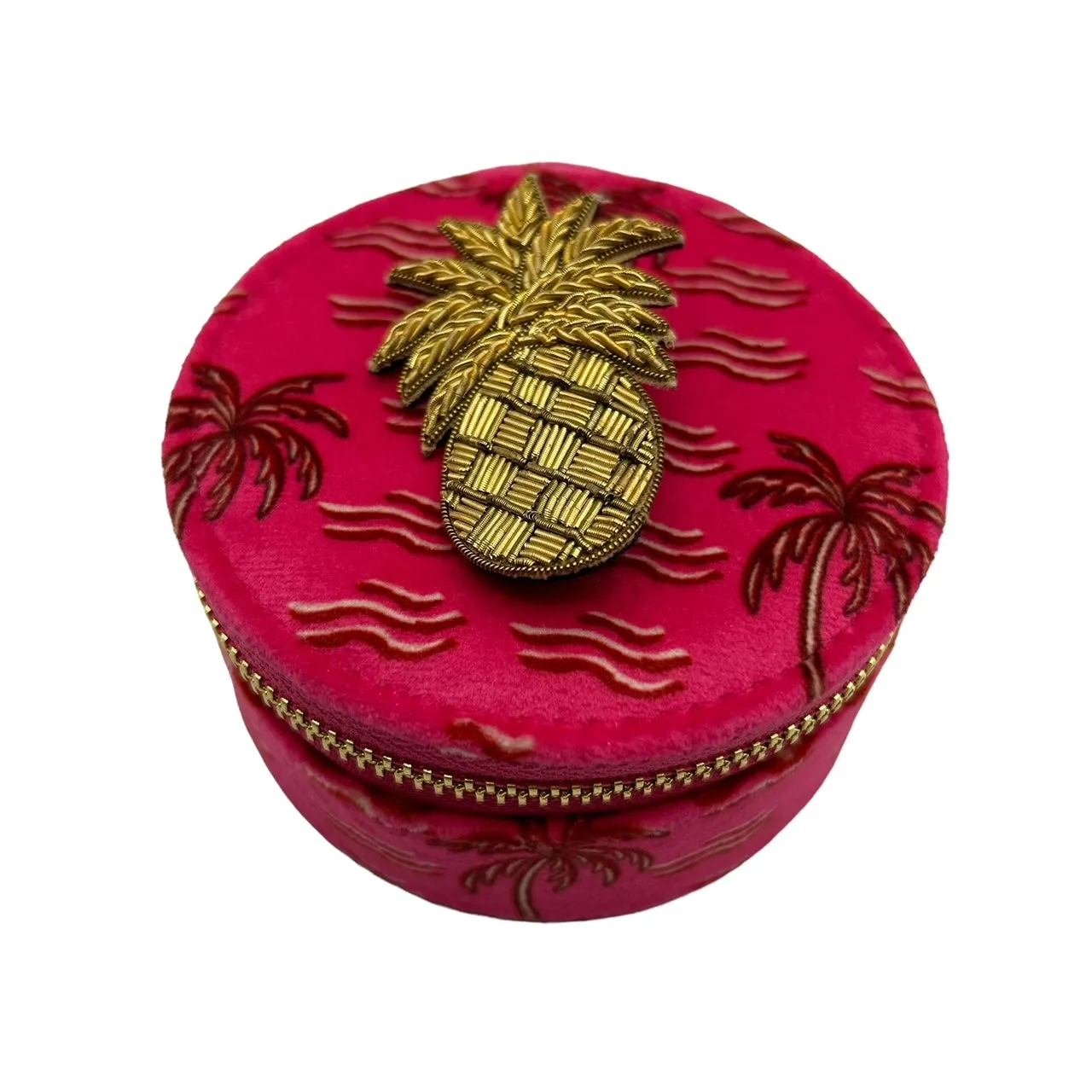 Jewellery travel pot in pink palm print with a pineapple brooch