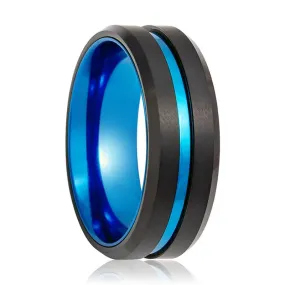 LELRA | Blue Tungsten Ring, Blue Groove, Beveled