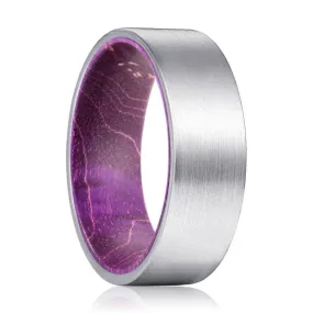 LILAVO | Purple Wood, Silver Tungsten Ring, Brushed, Flat