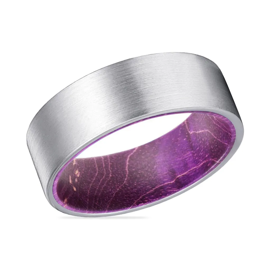 LILAVO | Purple Wood, Silver Tungsten Ring, Brushed, Flat