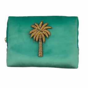 Marine make-up bag & gold palm tree brooch - recycled velvet, large and small