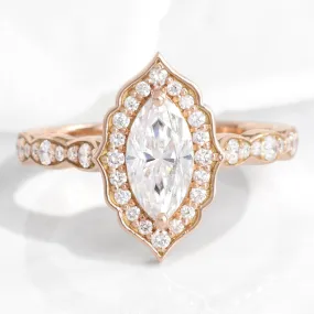 Marquise Moissanite Diamond Ring in 14k Rose Gold Vintage Floral, Size 6.25