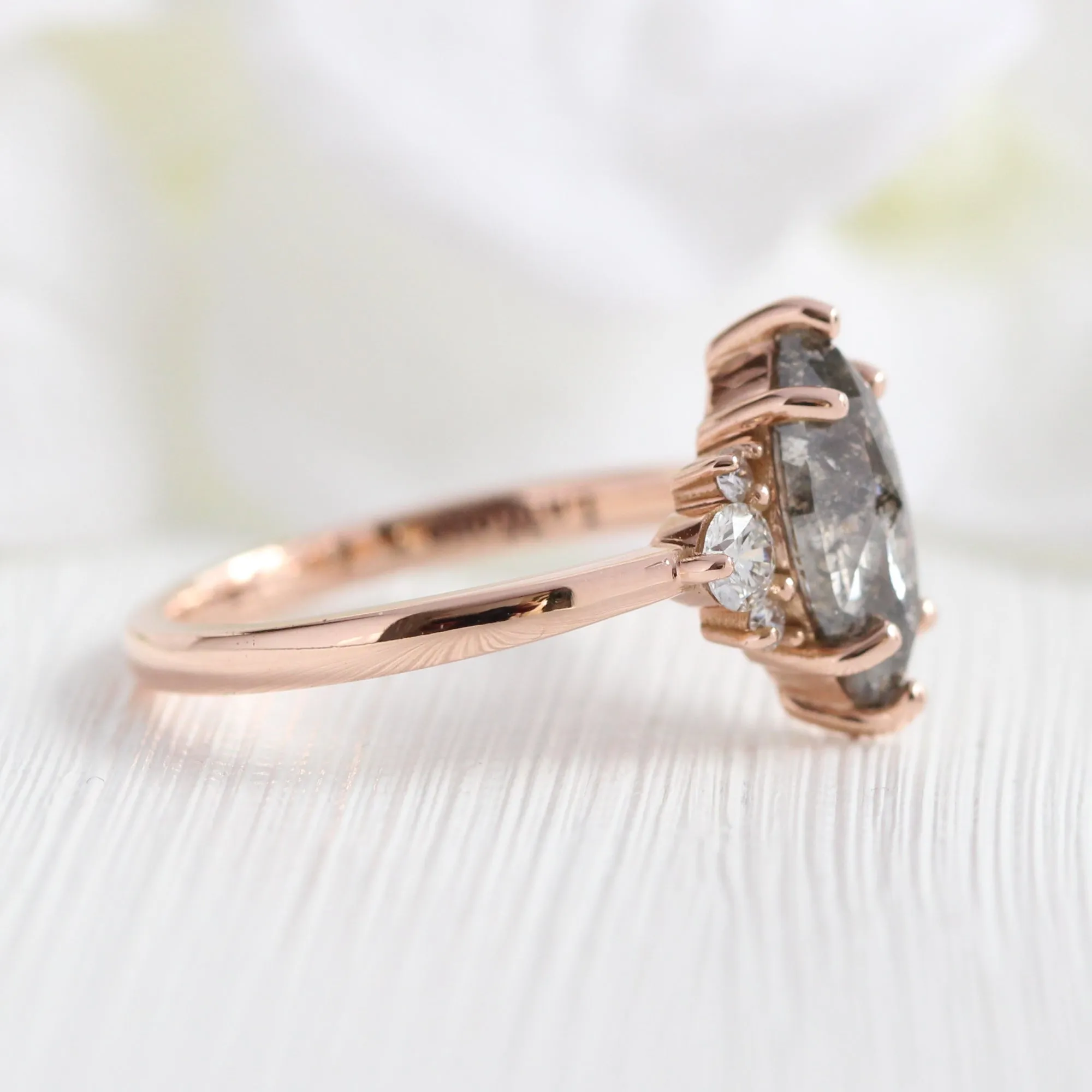 Marquise Salt and Pepper Diamond Ring in 14k Rose Gold 3 Stone Ring, Size 6.25