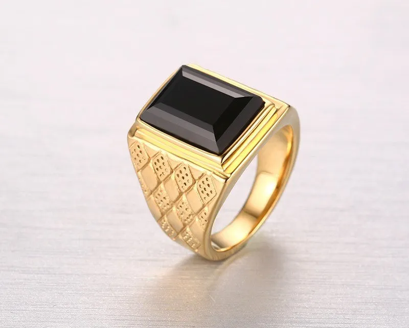 Men Black Stone Rings With Hood Details and Square Bezel