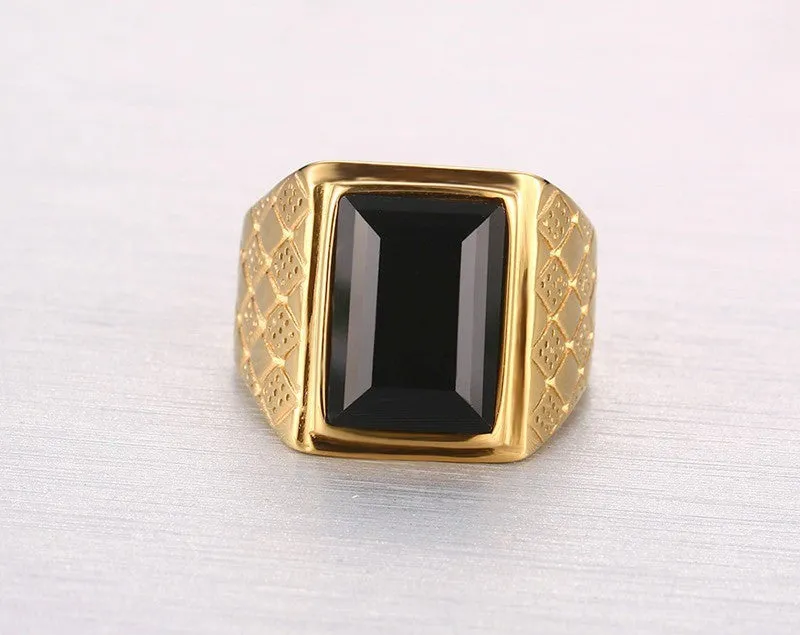 Men Black Stone Rings With Hood Details and Square Bezel