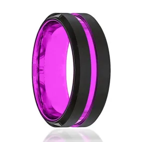 Men's Passionate Purple Groove Beveled Black Tungsten Carbide Wedding Ring - 8mm