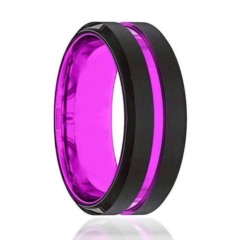 Men's Passionate Purple Groove Beveled Black Tungsten Carbide Wedding Ring - 8mm