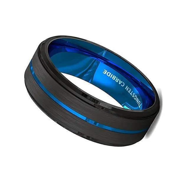 Men's Tungsten Carbide Ring with Black Brushed Thin Blue Groove Step Edges  8mm