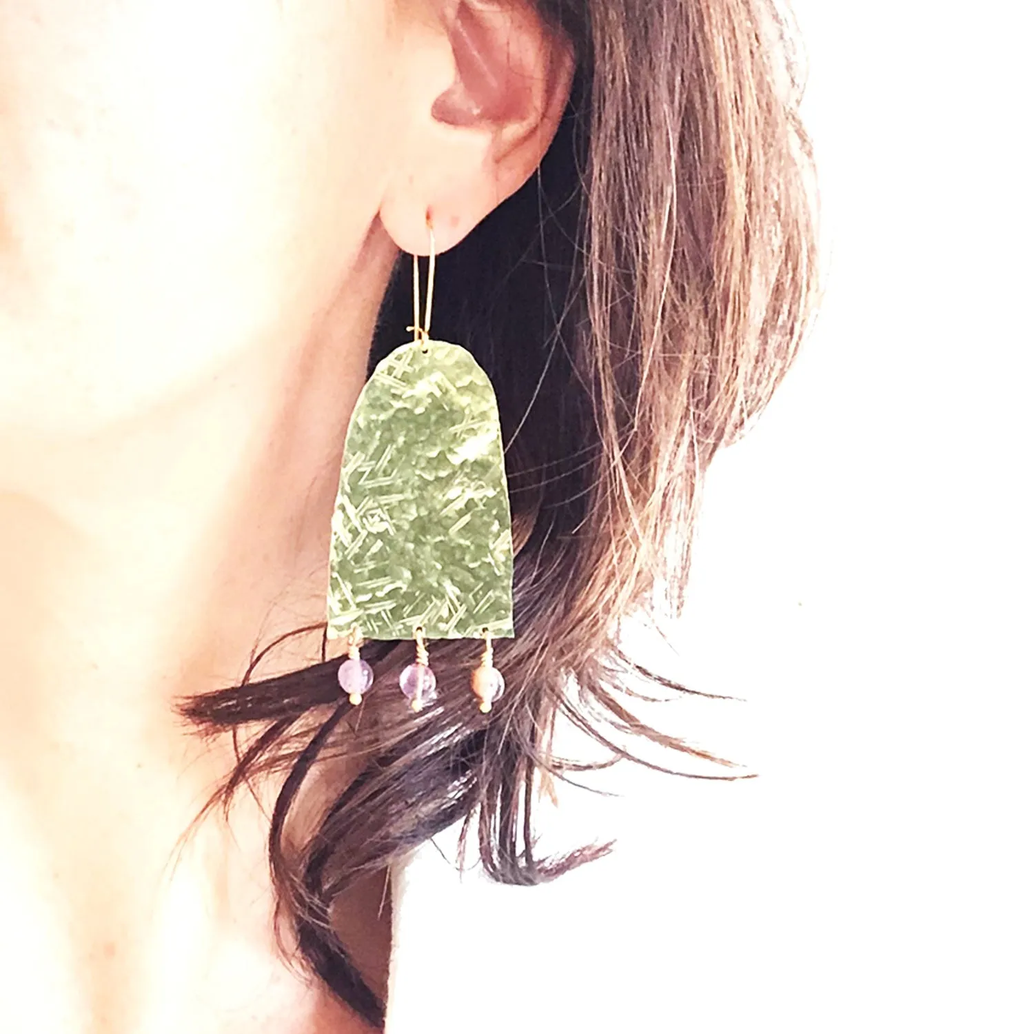 Modern hand hammered earrings with semi precious stone or pearls