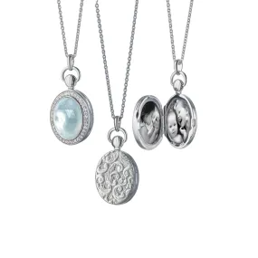 Monica Rich Kosann Sterling Silver Oval Locket with Blue Topaz over MOP Doublet and White Sapphire Border on Cable Chain