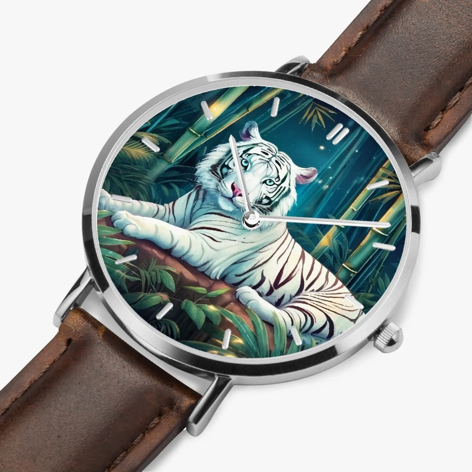 Montre à Quartz avec bracelet en cuir ultra-fin (Argent avec indicateurs) "Tigre blanc et bambous" (165)