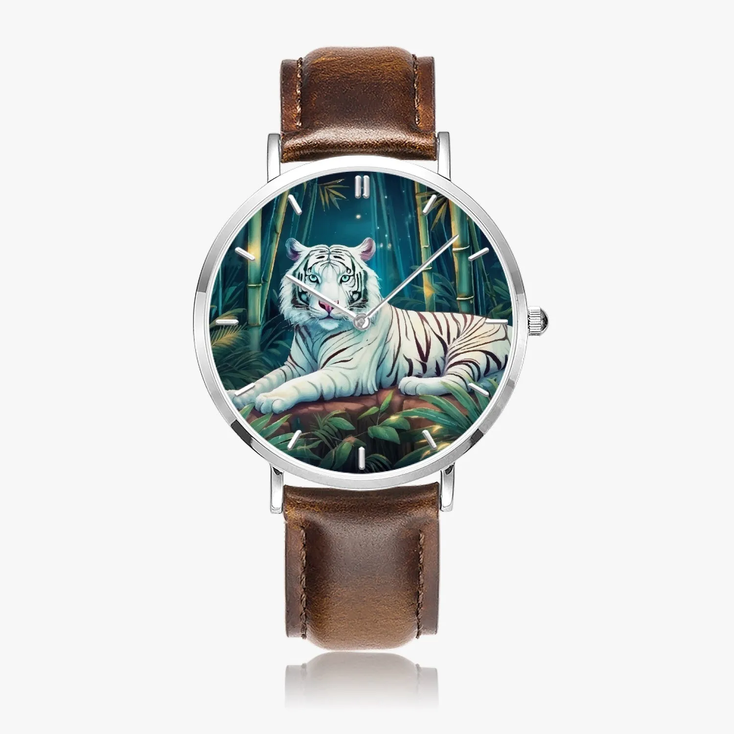 Montre à Quartz avec bracelet en cuir ultra-fin (Argent avec indicateurs) "Tigre blanc et bambous" (165)