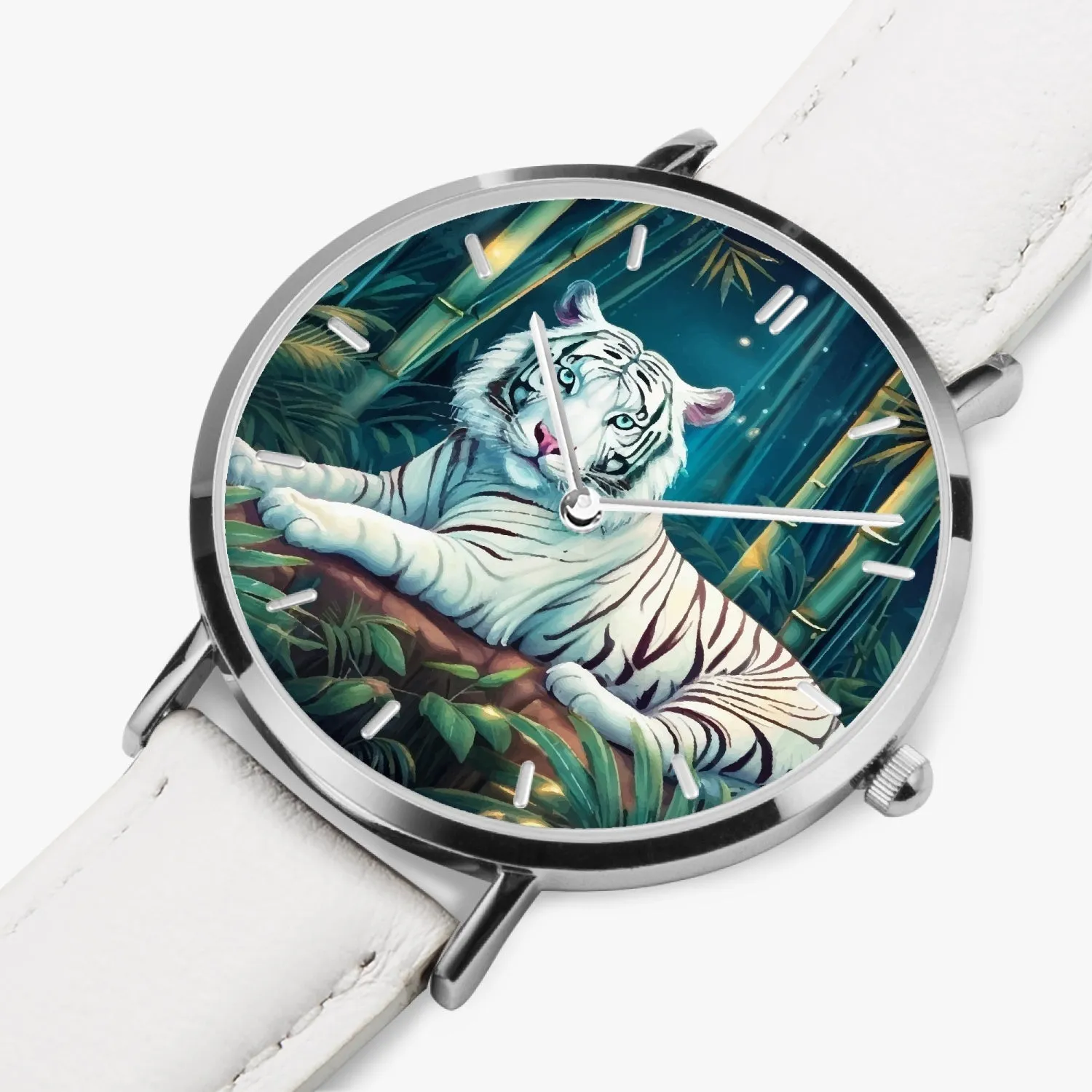 Montre à Quartz avec bracelet en cuir ultra-fin (Argent avec indicateurs) "Tigre blanc et bambous" (165)