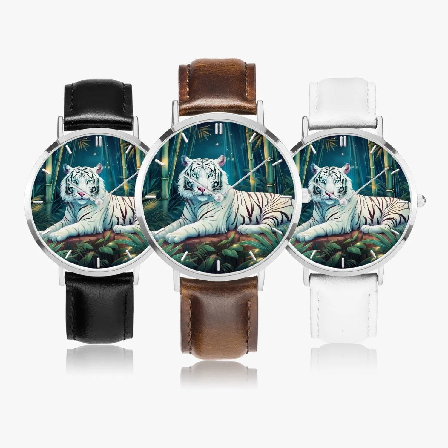 Montre à Quartz avec bracelet en cuir ultra-fin (Argent avec indicateurs) "Tigre blanc et bambous" (165)