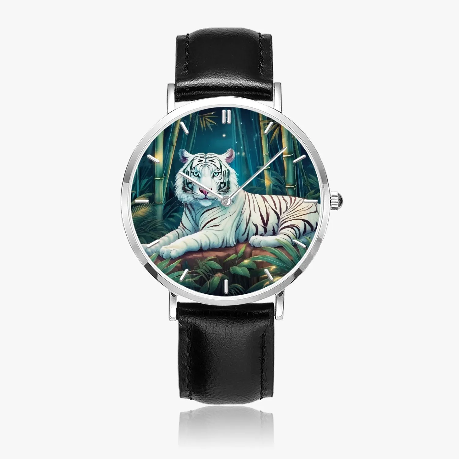 Montre à Quartz avec bracelet en cuir ultra-fin (Argent avec indicateurs) "Tigre blanc et bambous" (165)