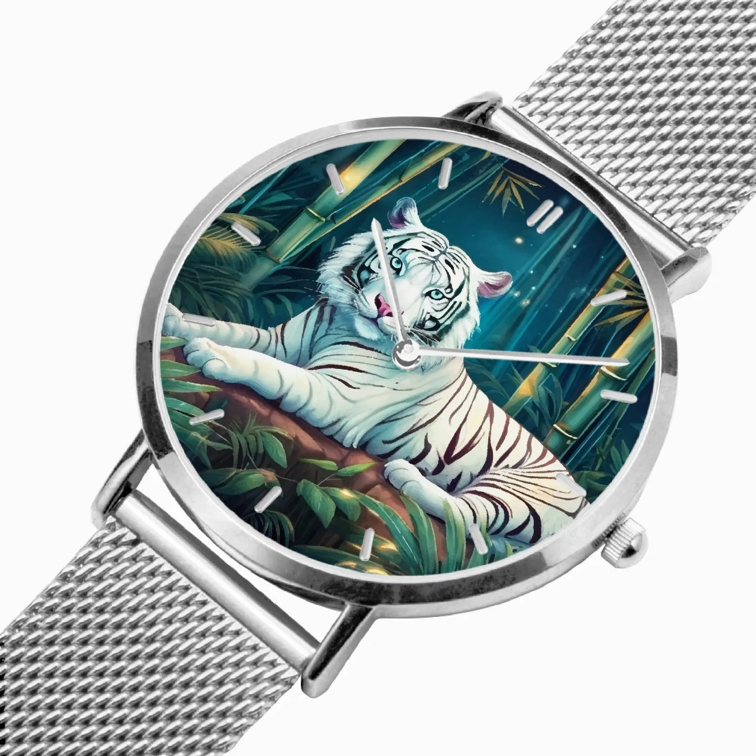 Montre à Quartz avec bracelet en cuir ultra-fin (Argent avec indicateurs) "Tigre blanc et bambous" (165)