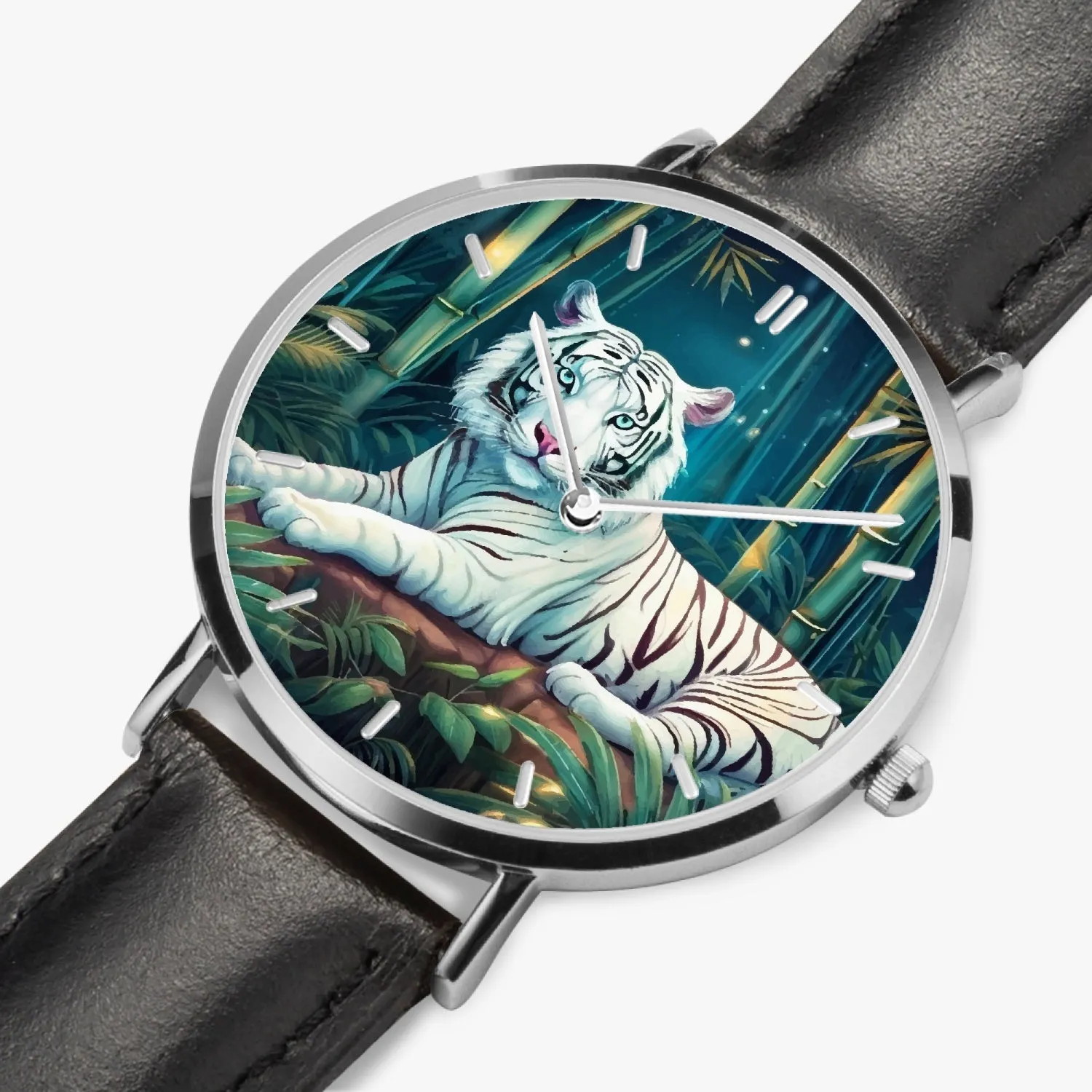 Montre à Quartz avec bracelet en cuir ultra-fin (Argent avec indicateurs) "Tigre blanc et bambous" (165)