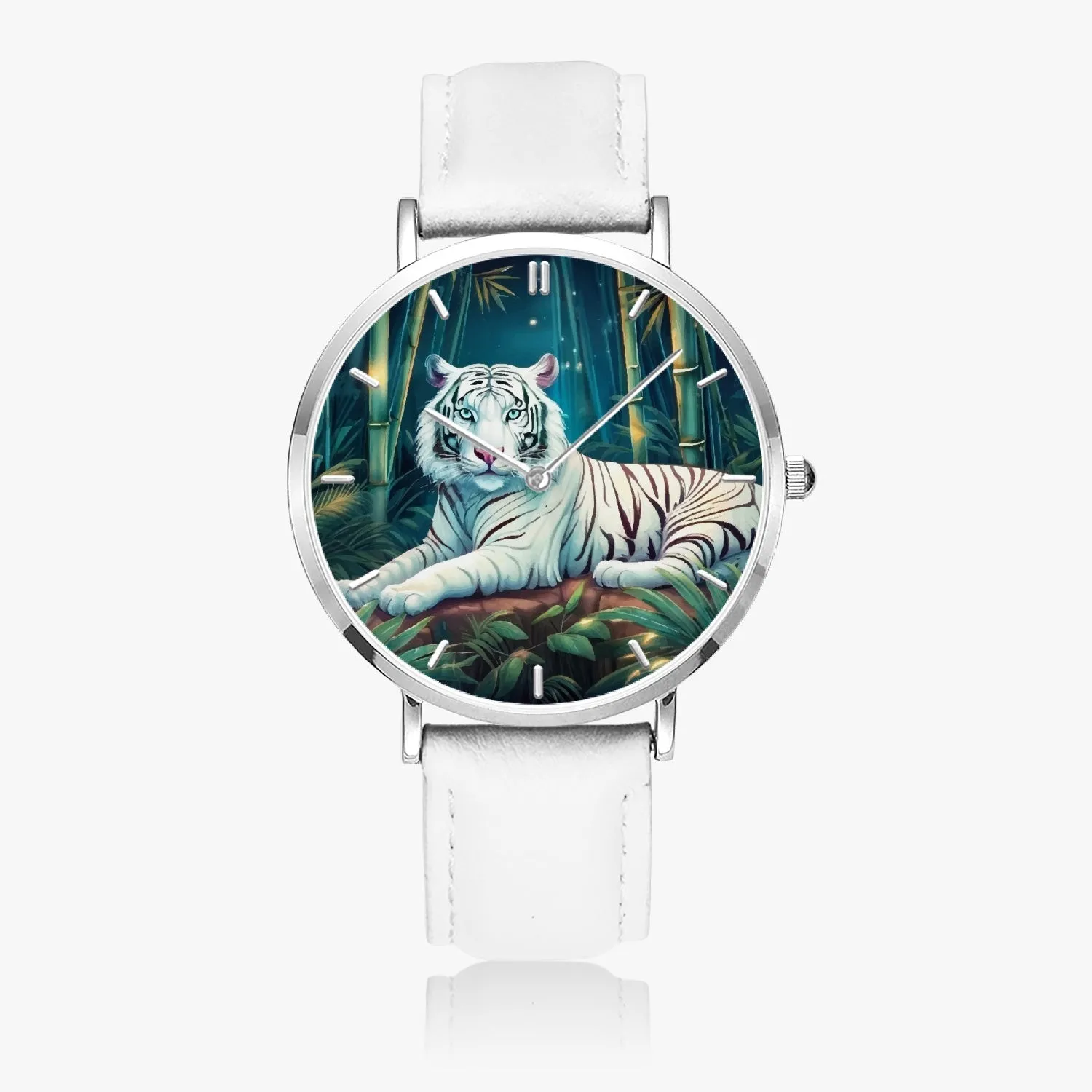 Montre à Quartz avec bracelet en cuir ultra-fin (Argent avec indicateurs) "Tigre blanc et bambous" (165)