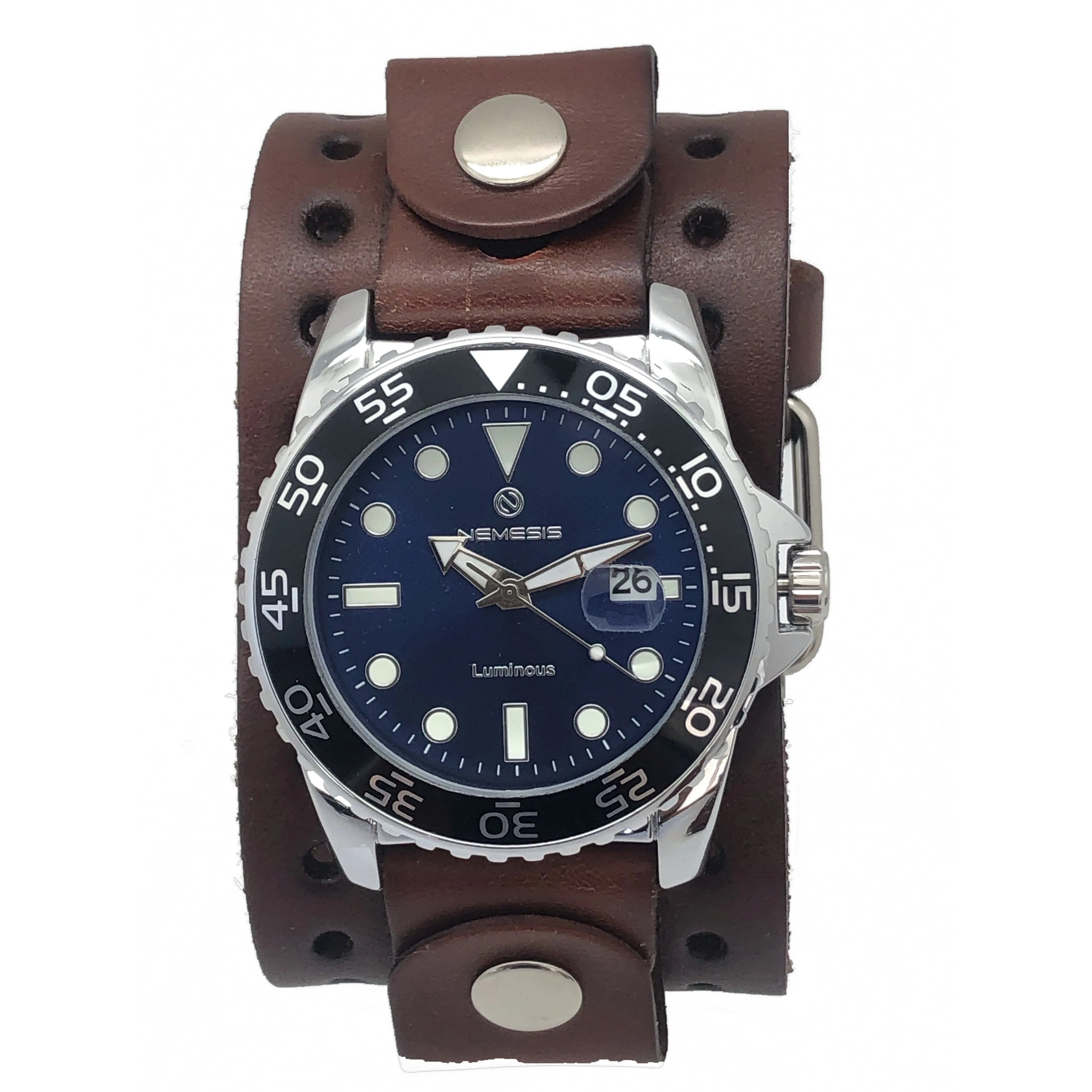 Moonwalker Luminous Blue Diver with Perforated Brown Leather Cuff