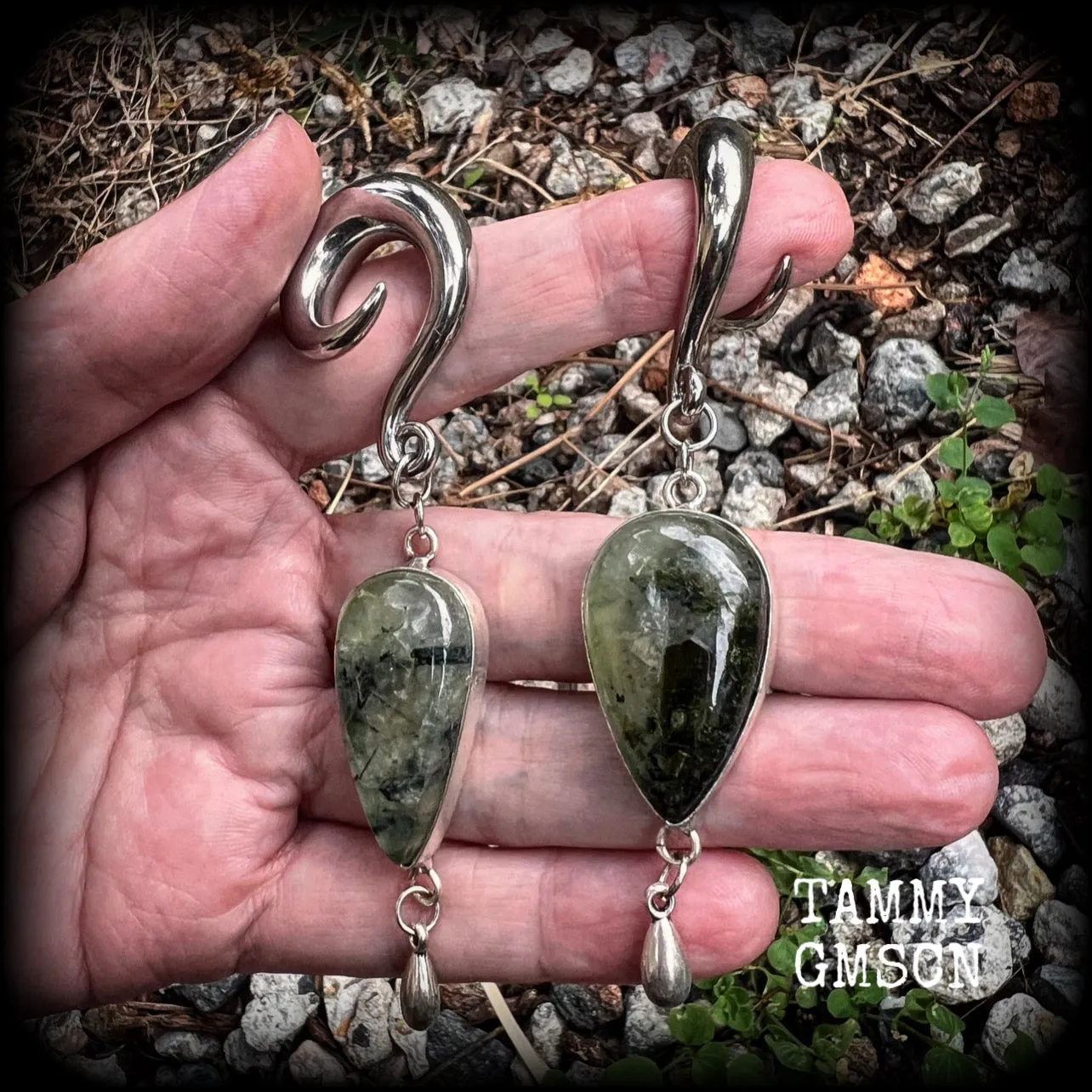 Moss jasper and green quartz gauged earrings-Gemstone ear hangers