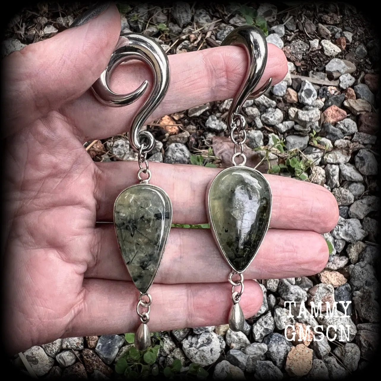 Moss jasper and green quartz gauged earrings-Gemstone ear hangers