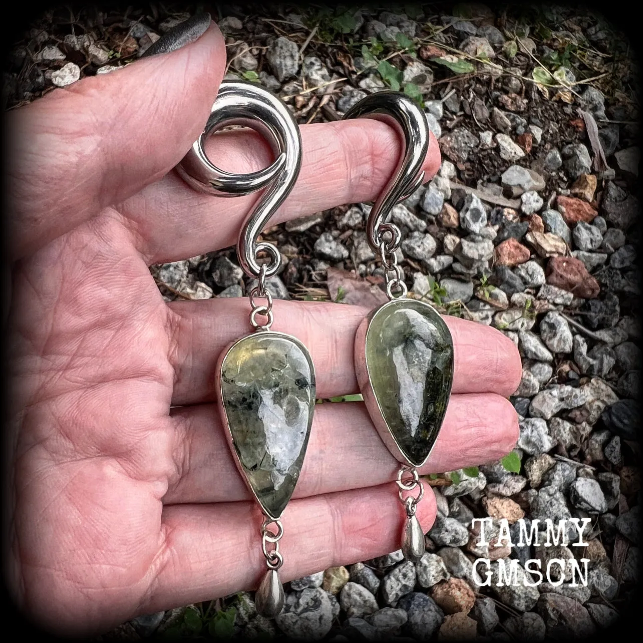 Moss jasper and green quartz gauged earrings-Gemstone ear hangers