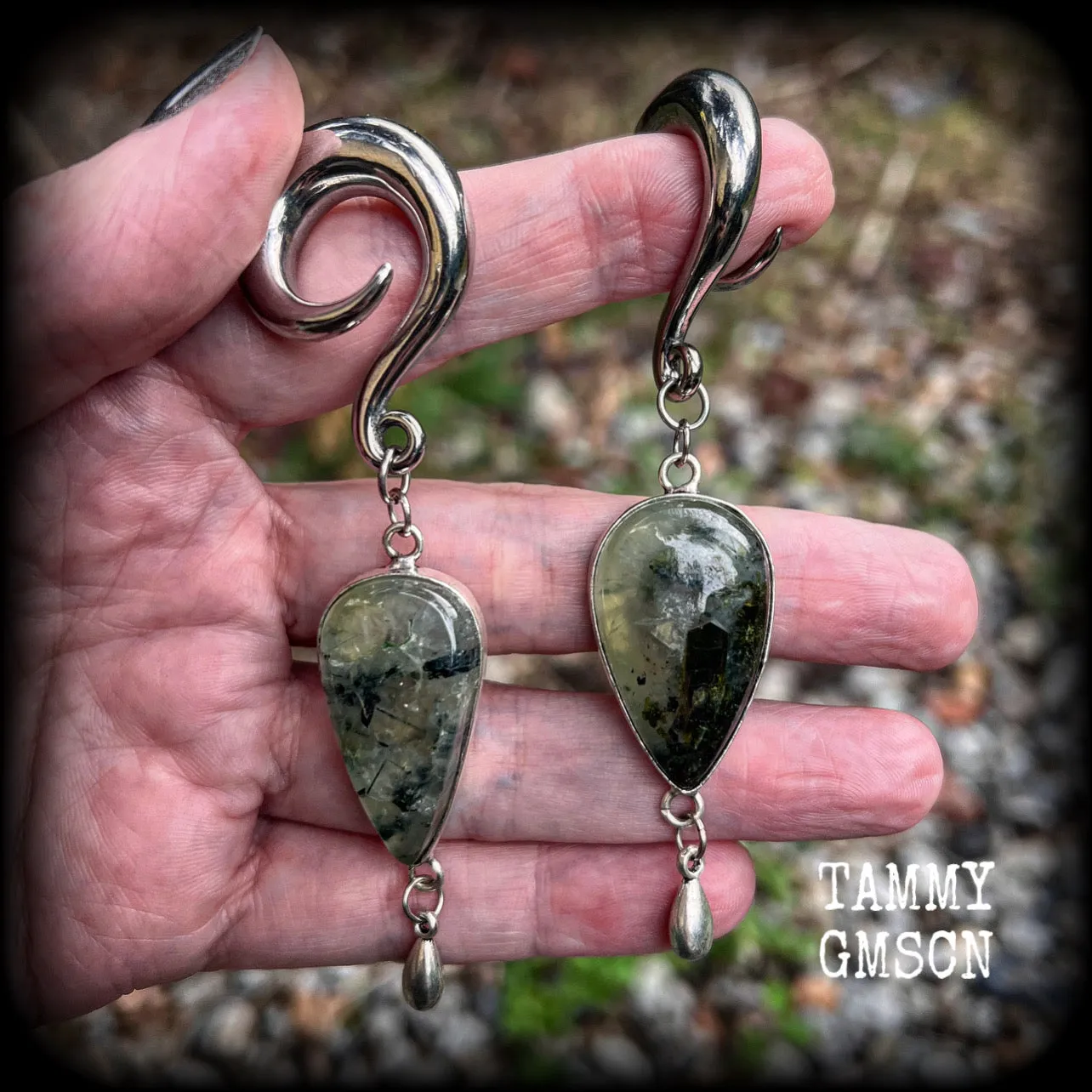 Moss jasper and green quartz gauged earrings-Gemstone ear hangers