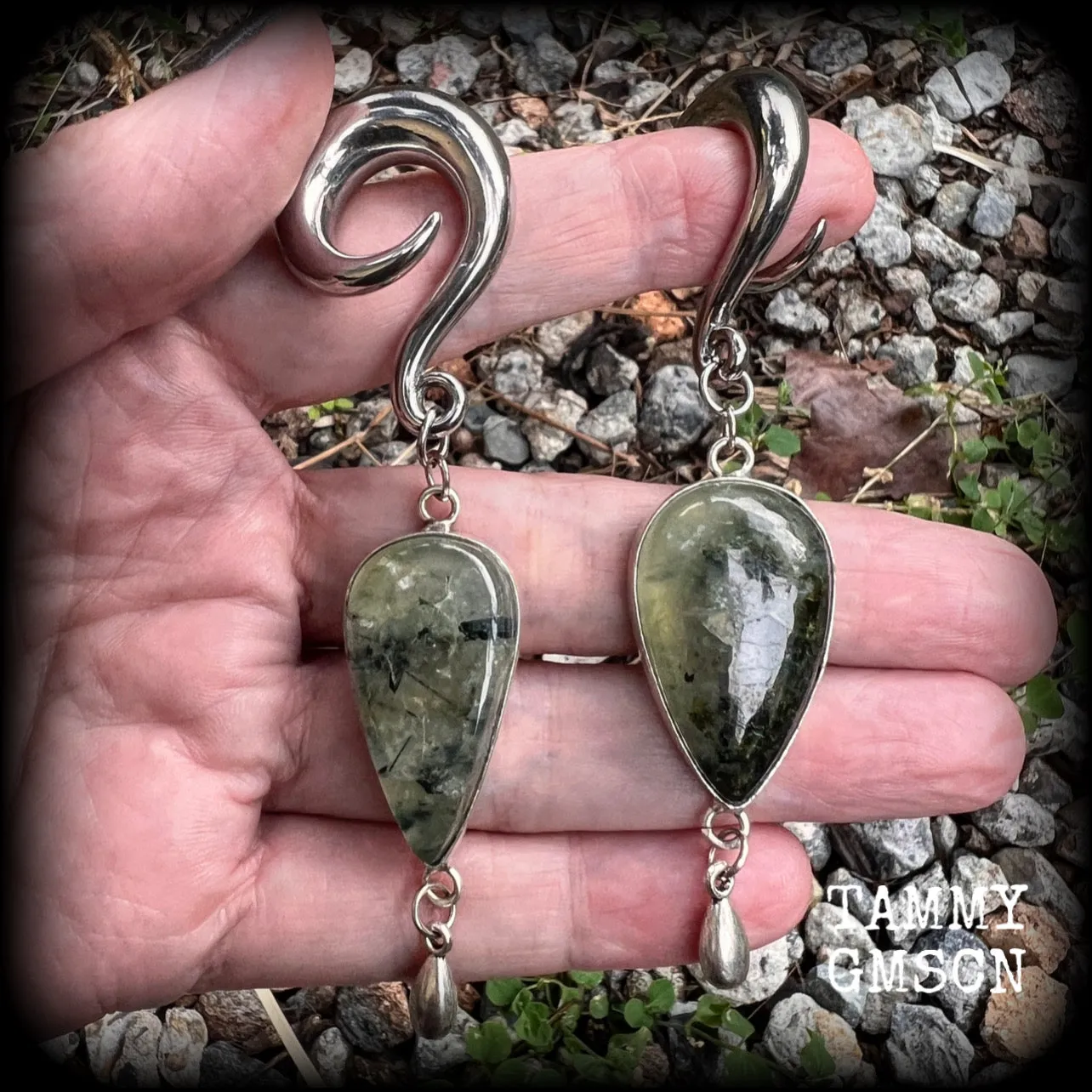 Moss jasper and green quartz gauged earrings-Gemstone ear hangers