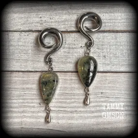 Moss jasper and green quartz gauged earrings-Gemstone ear hangers