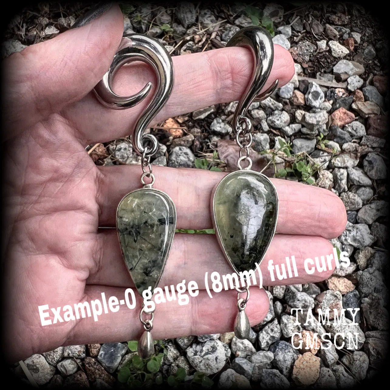 Moss jasper and green quartz gauged earrings-Gemstone ear hangers