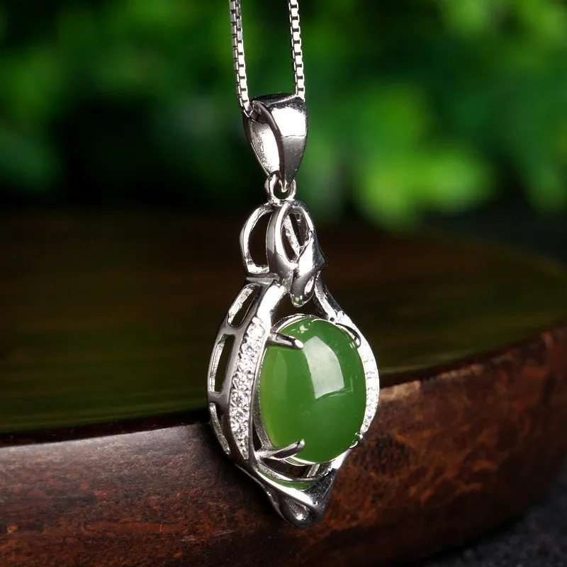 Natural Jade Pendant Nephrite Silver Zircon Pendant ZPT157