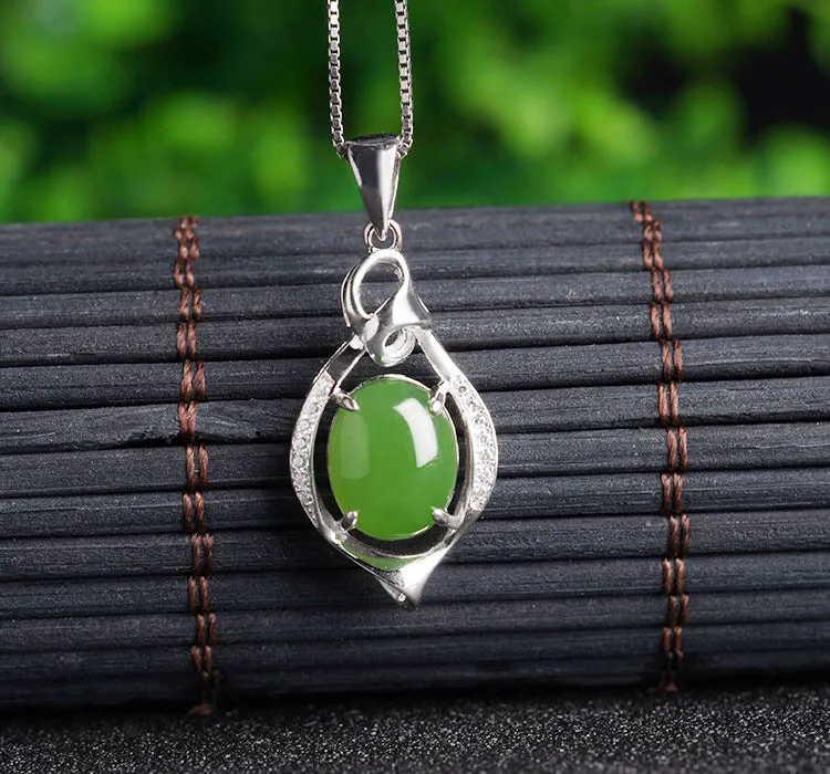 Natural Jade Pendant Nephrite Silver Zircon Pendant ZPT157