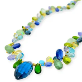 Natural Multi Colored Gemstone Necklace Blue Briolette Topaz Tanzanite Opal 18KY