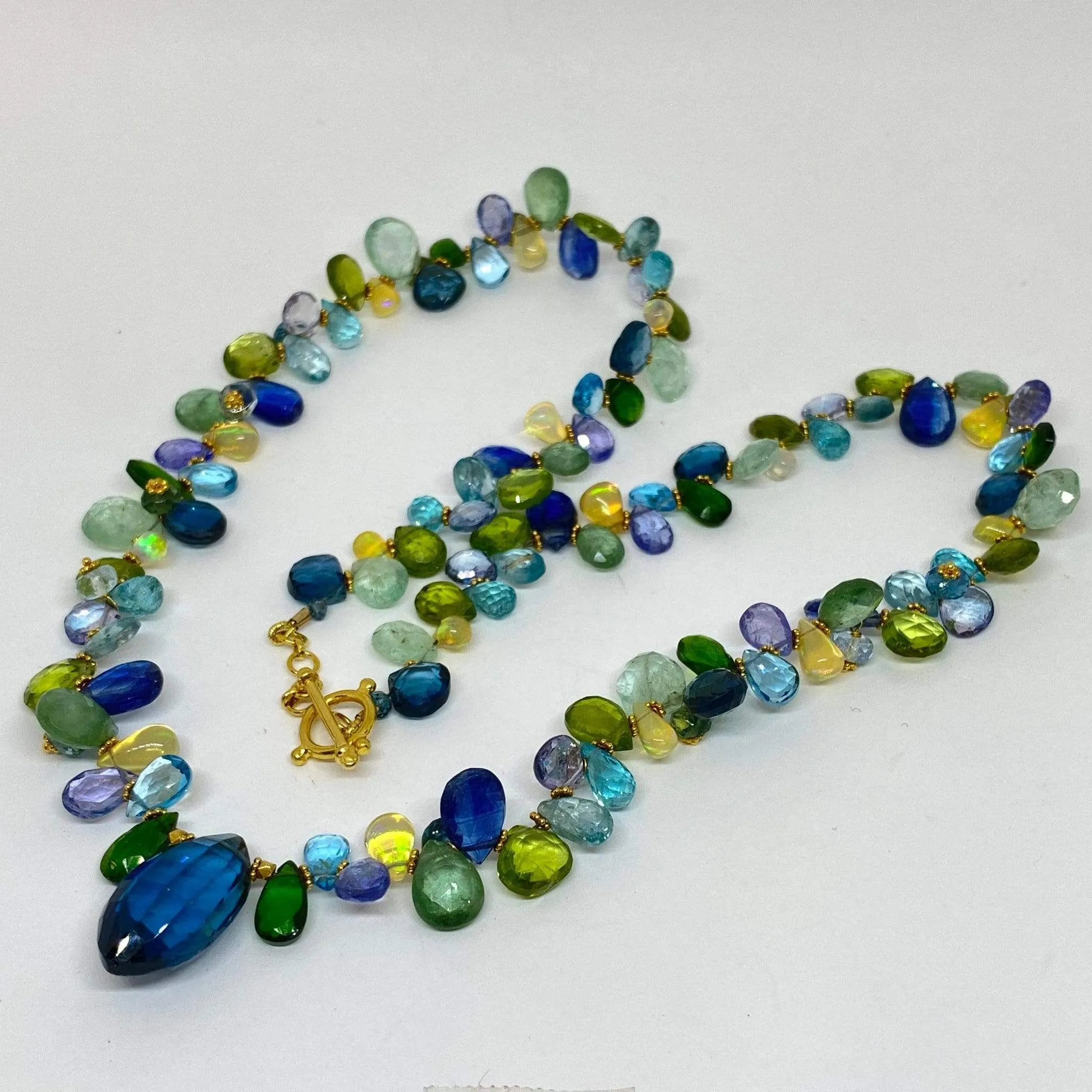 Natural Multi Colored Gemstone Necklace Blue Briolette Topaz Tanzanite Opal 18KY