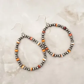 Navajo Pearls & Orange Spiny Oyster Hoop Dangle Earrings Sterling Silver