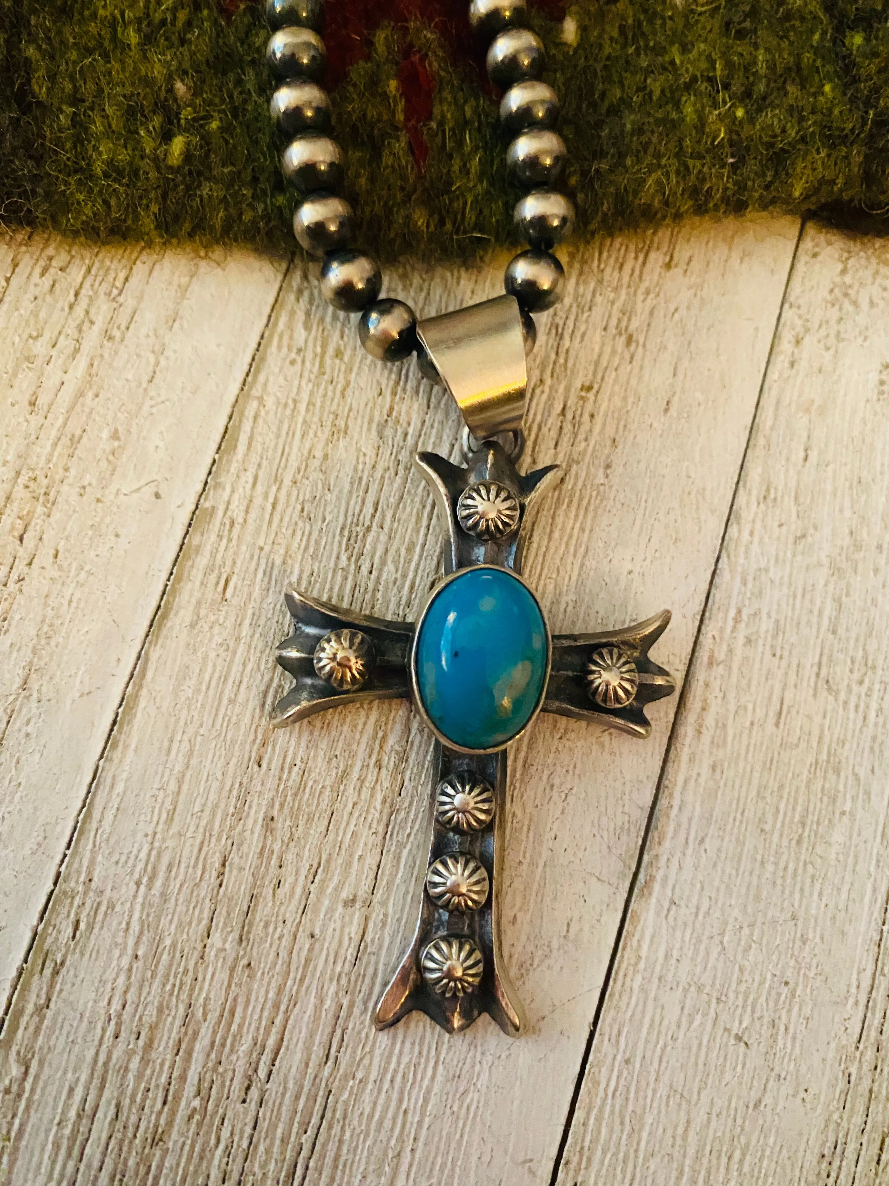 Navajo Sterling Silver & Turquoise Cross Pendant By Chimney Butte