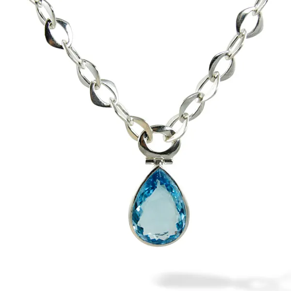 Necklace - Pendant & Handmade Link Chain Swiss Blue Topaz Sterling Silver