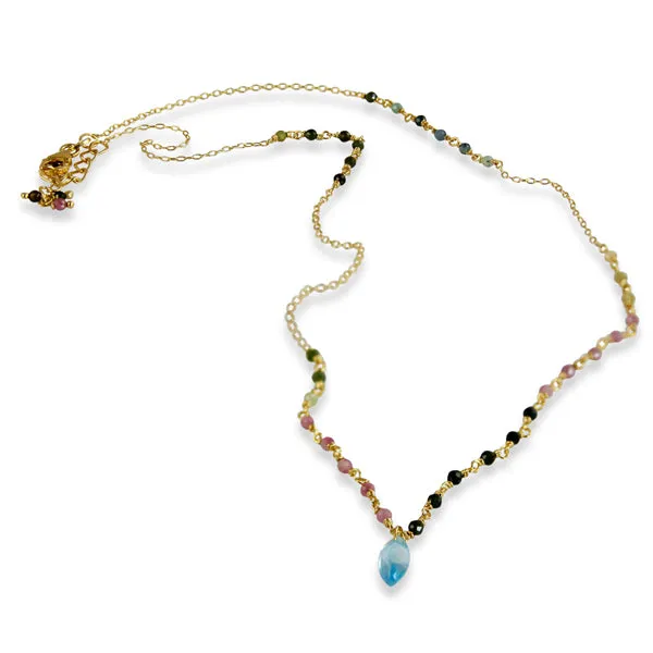 Necklace - Stone & Chain Mixed Tourmaline with Blue Topaz Pendant Gold Plated Sterling Silver 17"