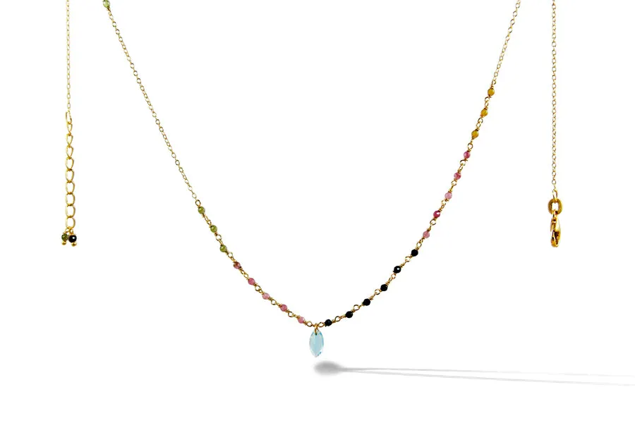 Necklace - Stone & Chain Mixed Tourmaline with Blue Topaz Pendant Gold Plated Sterling Silver 17"