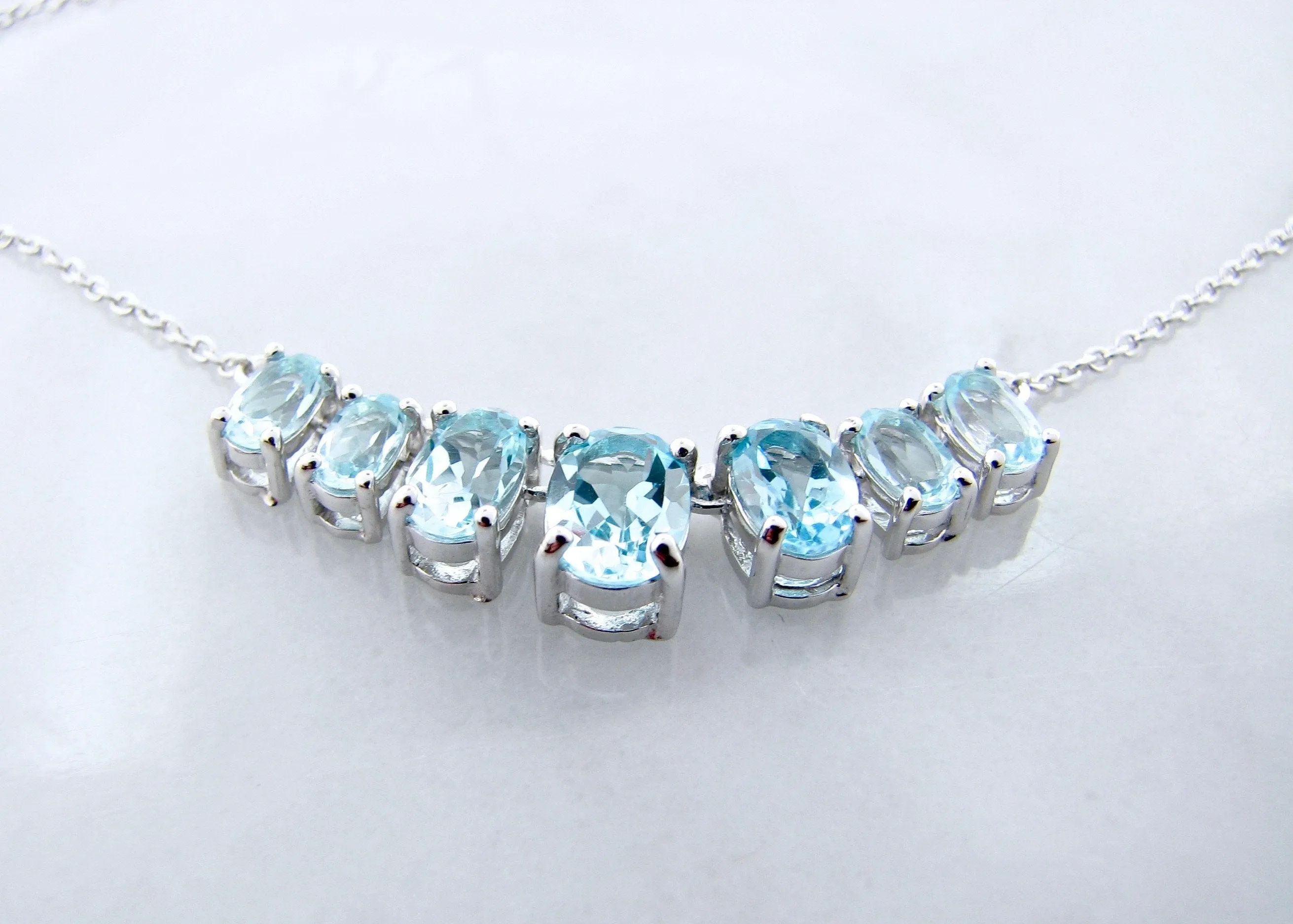 Oval Blue Topaz Sterling Silver Graduated Split Chain Necklace, Boheme