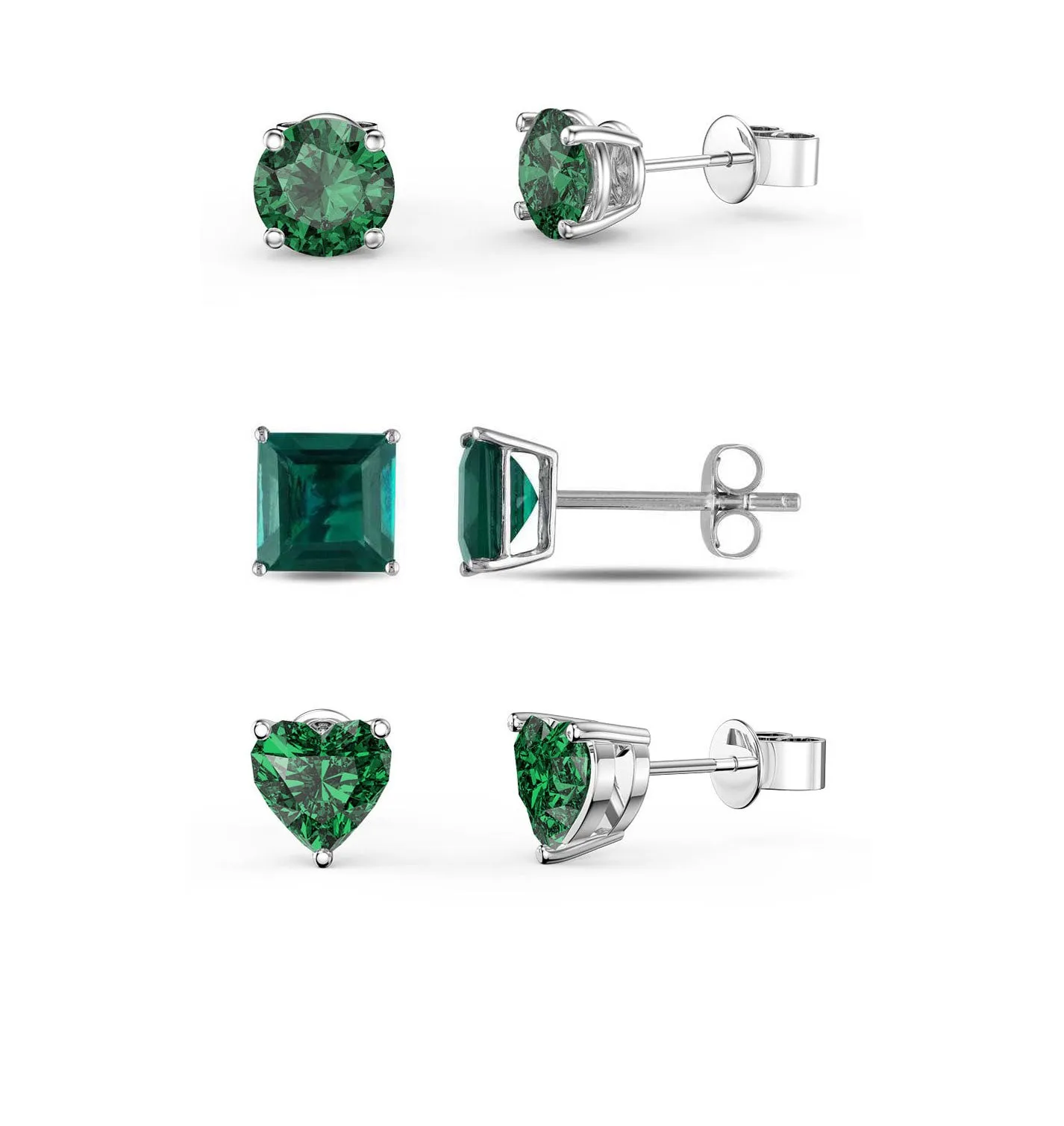 Paris Jewelry 18k White Gold 4Cttw Created Emerald 3 Pair Round, Square And Heart Stud Earrings Plated