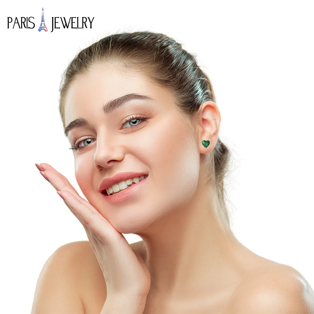 Paris Jewelry 18k White Gold 4Cttw Created Emerald 3 Pair Round, Square And Heart Stud Earrings Plated