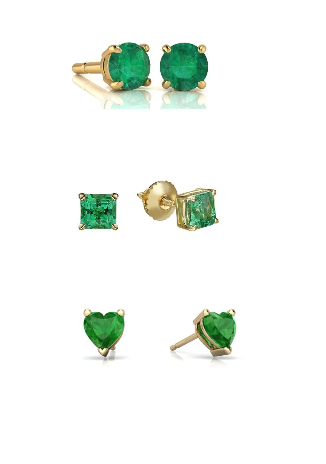 Paris Jewelry 18k Yellow Gold Created Emerald 3 Pair Round, Square And Heart Stud Earrings Plated 4mm