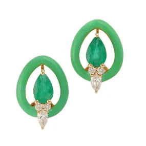 Pear Emerald Pave Diamond Enamel Stud Earrings In 18k Yellow Gold For Women's