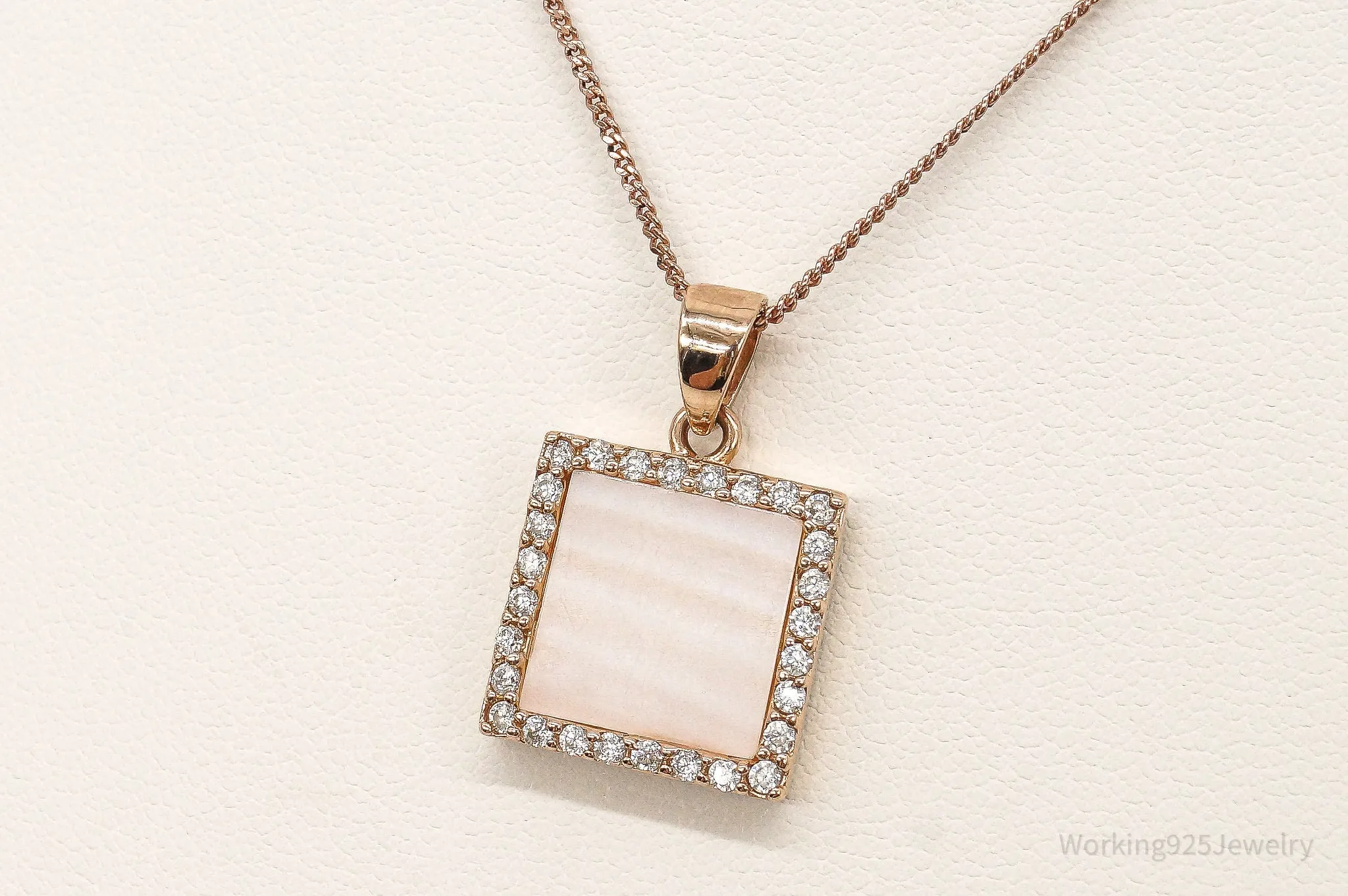 Pink Mother Of Pearl Cubic Zirconia Rose Gold Vermeil Sterling Silver Necklace