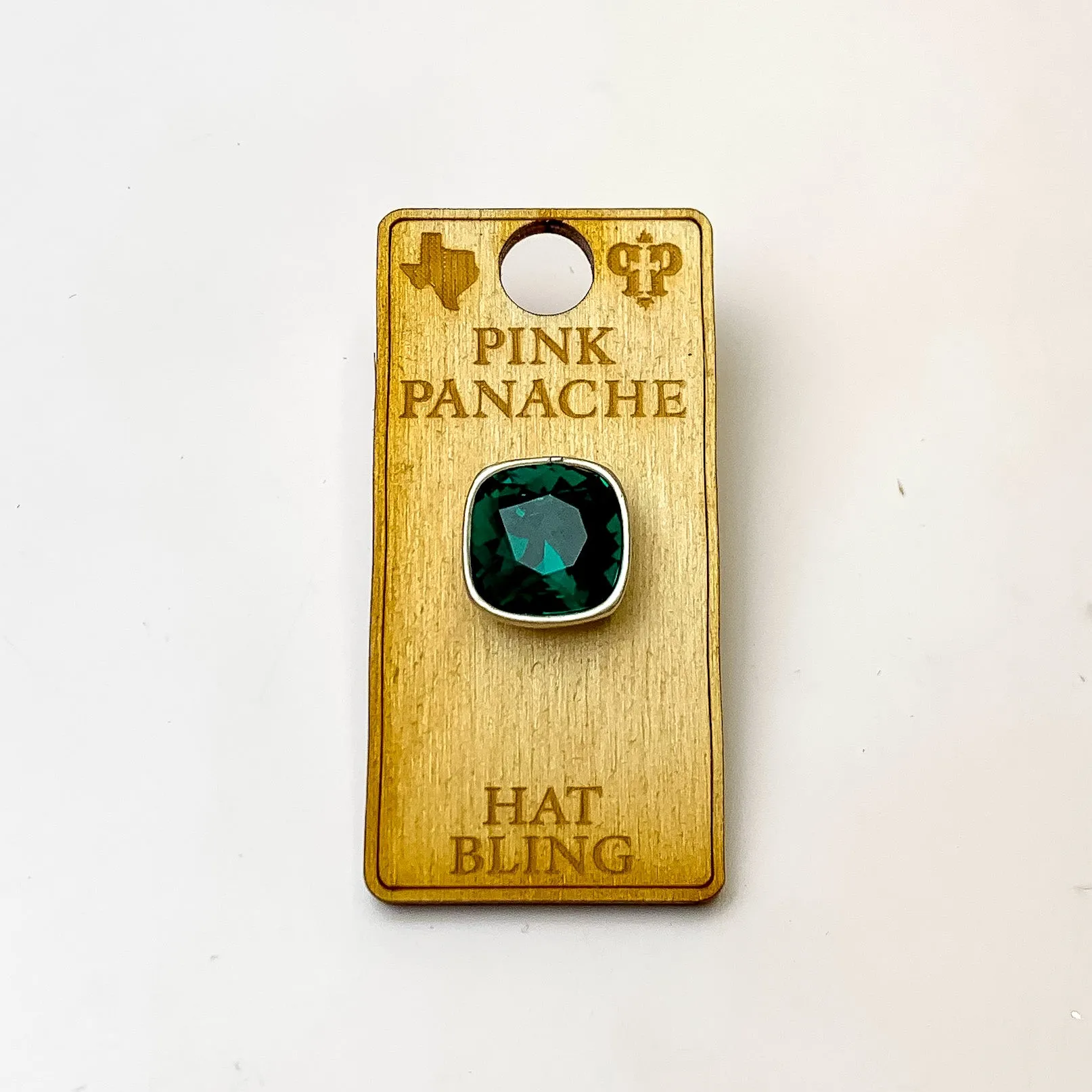 Pink Panache | Silver Tone 12mm Hat Pin with Emerald Cushion Cut Crystal