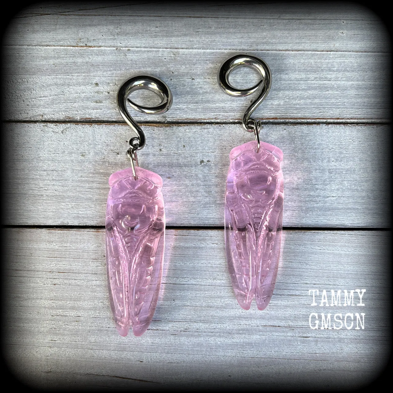 Pink quartz cicada gauged earrings-Insect ear weights