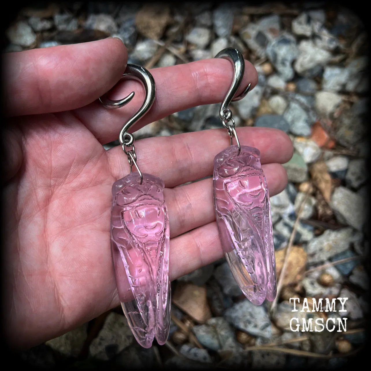 Pink quartz cicada gauged earrings-Insect ear weights