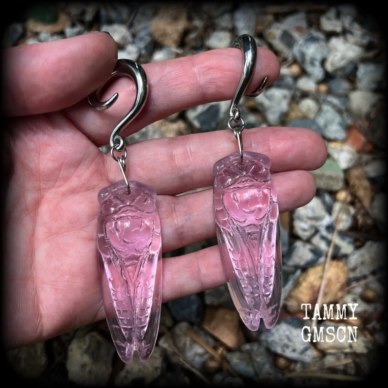 Pink quartz cicada gauged earrings-Insect ear weights